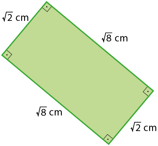 Figura geométrica. Retângulo verde com medida do comprimento raiz quadrada de 8 centímetros e medida do comprimento da largura raiz quadrada de 2 centímetros.