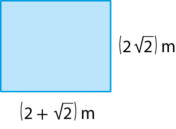 Figura geométrica. Retângulo azul com medida do comprimento, abre parênteses, 2 mais raiz quadrada de 2, fecha parênteses, metros e medida do comprimento da largura, abre parênteses, 2 raiz quadrada de 2, fecha parênteses, metros.