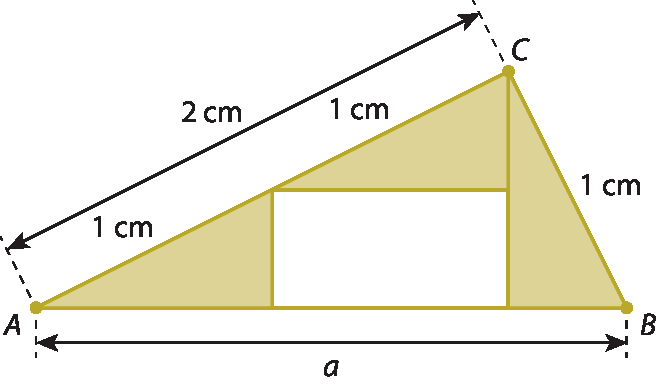 Figura geométrica. Triângulo ABC composto por 1 retângulo branco e 3 triângulos retângulos iguais. O triângulo ABC tem medida do lado AB, indicada por a, a medida do lado AC, 2 centímetros e a medida do lado BC, 1 centímetro. Os três triângulos retângulos tem a medida da hipotenusa 1 centímetro.