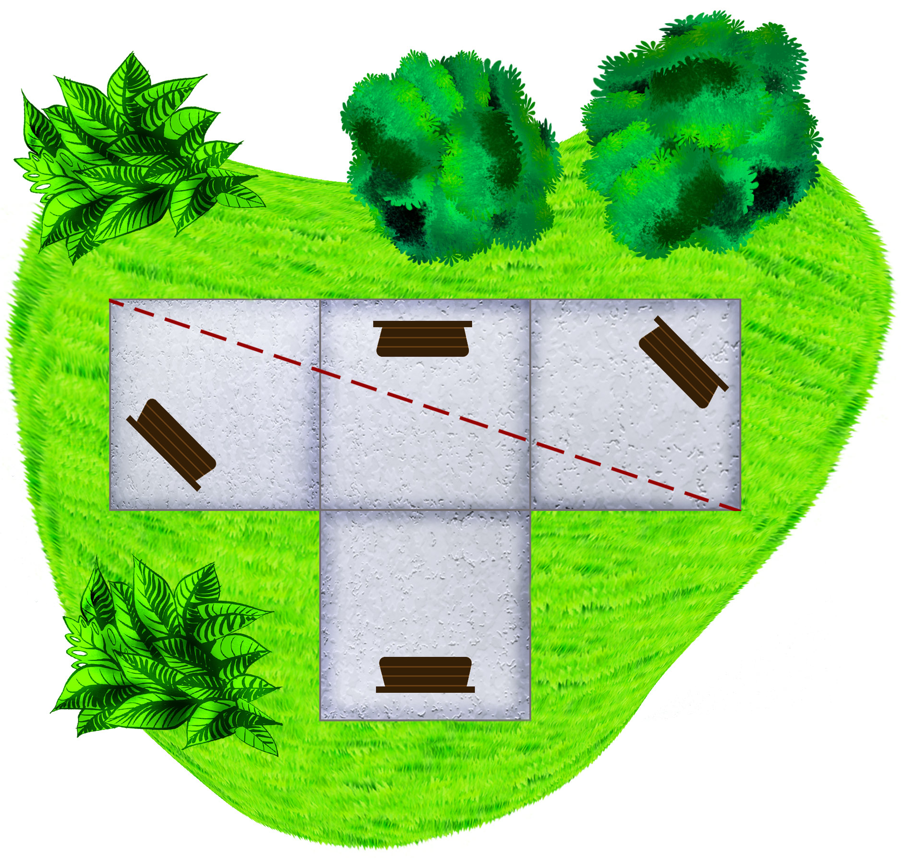 Ilustração. Gramado com quatro quadrados na cor cinza em duas fileiras. A primeira fileira tem três quadrados e a segunda fileira tem um quadrado, abaixo apenas do quadrado central da primeira fileira. Há uma linha vermelha destacando a diagonal do retângulo formado pelos três quadrados da primeira fileira.