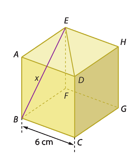 Figura geométrica. Cubo amarelo com aresta de medida 6 centímetros. A face frontal tem os vértices ABCD e a face de trás tem os vértices EFGH de modo que o segmento BE é diagonal da face lateral ABFE e tem medida x.