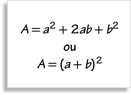 Ilustração. Folha branca escrito: A é igual, a ao quadrado mais 2ab mais b ao quadrado. Abaixo, ou. Abaixo, A é igual a, abre parênteses, a mais b, fecha parênteses, ao quadrado.