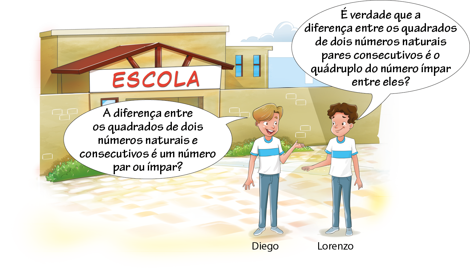 Ilustração. Ao fundo, muro e fechada de uma construção com uma faixa com o texto: Escola. No lado direito, Lorenzo, menino branco, cabelo castanho ondulado, em pé, vestindo camiseta branca e azul, calça azul e tênis azul. Está com a mão direita espalmada para cima. Balão de fala com o texto: É verdade que a diferença entre os quadrados de dois números naturais pares consecutivos é o quádruplo do número ímpar entre eles? Ao lado de Lorenzo, está Diego, menino branco, loiro, em pé, vestindo camiseta branca e azul, calça azul e tênis azul. Está com a mão esquerda espalmada para cima. Balão de fala com o texto: A diferença entre os quadrados de dois números naturais e consecutivos é um número par ou ímpar?