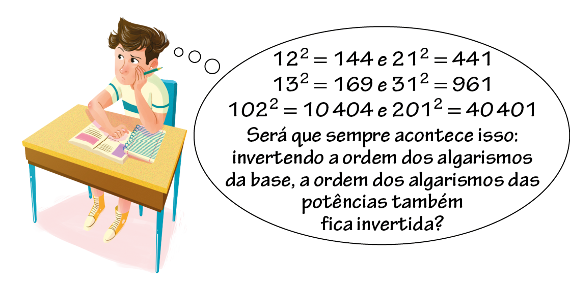 Ilustração. Lucas, menino branco, cabelo castanho, vestindo camiseta amarela e azul e tênis amarelo, sentado em cadeira, com o braço direito apoiado em uma mesa que está a sua frente, com o cotovelo esquerdo apoiado na mesa e a mão direita, segurando um lápis, apoiada em seu rosto. Em cima da mesa, livro e caderno. Balão de pensamento com o texto: 12 elevado a 2 igual 144 e 21 elevado a 2 igual 441; 13 elevado a 2 igual 169 e 31 elevado a 2 igual 961; 102 elevado a 2 igual 10 mil 404 e 201 elevado a 2 igual 40 mil e 401. Será que sempre acontece isso: invertendo a ordem dos algarismos da base, a ordem dos algarismos das potências também fica invertida?