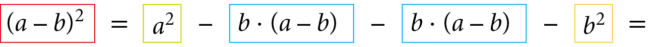 Esquema. Sentença matemática. Dentro de um quadro de contorno vermelho, abre parêntese, a menos b, fecha parêntese, ao quadrado; à direita, sinal de igual; à direita, dentro de um quadro de contorno verde: a ao quadrado; à direita, sinal de subtração; à direita, dentro de um quadro de contorno azul: b vezes, abre parênteses, a menos b, fecha parênteses; à direita, sinal de subtração;  à direita, dentro de um quadro de contorno azul: b vezes, abre parênteses, a menos b, fecha parênteses; à direita, sinal de subtração; à direita, dentro de um quadro de contorno amarelo: b ao quadrado, à direita, sinal de igual.