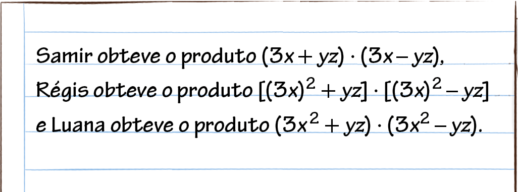 Ilustração. Folha de caderno pautada com o texto em preto: Samir obteve o produto abre parênteses 3 vezes x mais y vezes z fecha parênteses vezes abre parênteses 3 vezes x menos y vezes z fecha parênteses; Régis obteve o produto abre colchete abre parênteses 3 vezes x fecha parênteses elevado ao quadrado mais y vezes z fecha colchete vezes abre colchete abre parênteses 3 vezes x fecha parênteses elevado ao quadrado menos y vezes z fecha colchete; e Luana obteve o produto abre parênteses 3 vezes x elevado ao quadrado mais y vezes z fecha parênteses vezes abre parênteses 3 vezes x elevado ao quadrado menos y vezes z fecha parênteses.