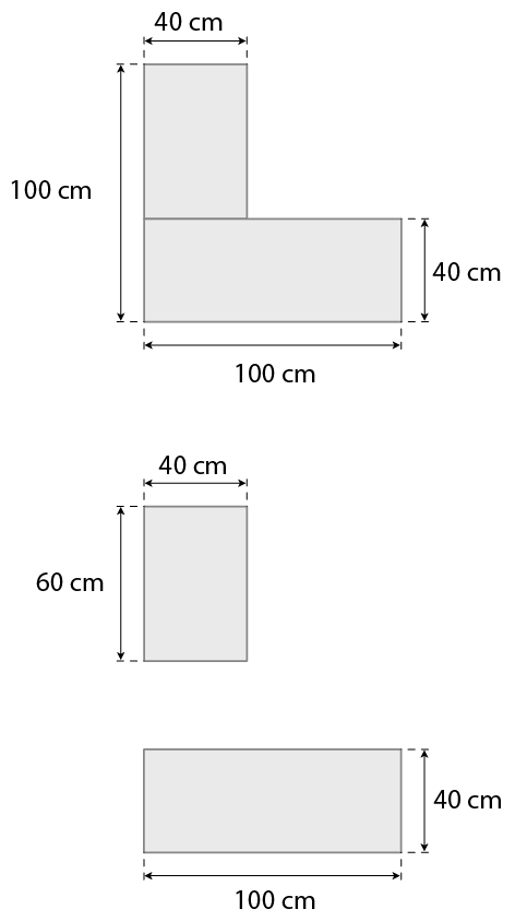 Figura geométrica. Figura composta por 2 retângulos, posicionados de forma que lembra a letra L. Um retângulo com medida de comprimento 100 centímetros e medida de comprimento da largura 40 centímetros. Em cima dele, coincidindo no vértice superior esquerdo, com medida de comprimento 40 centímetros e medida de comprimento da largura deste retângulo junto com o outro é 100 centímetros. Abaixo, os retângulos separados indicação das medidas. O retângulo que estava na parte superior, tem medida de comprimento 40 centímetros e medida de comprimento da largura 60 centímetros.  O retângulo que estava na parte inferior, tem medida de comprimento 100 centímetros e medida de comprimento da largura 40 centímetros.