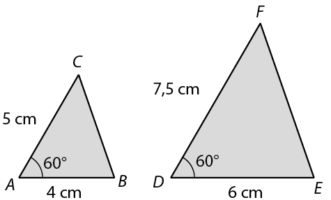 Figuras geométricas. Dois triângulos cinza. Triângulo da esquerda, ABC com lado AC de medida de comprimento 5 centímetros e lado AB é a base com medida de 4 centímetros. O ângulo do vértice A é de 60 graus. Triângulo da direita, DEF com lado DF de medida de comprimento 7 vírgula 5 centímetros e lado DE é a base com medida de 6 centímetros. O ângulo do vértice D é de 60 graus.