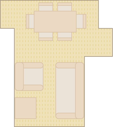 Ilustração. Mesma ilustração da planta da sala de dois ambientes. O sofá está na parede de 2 vírgula 5 metros, o rack está na parede de 3 vírgula 5 metros, mais perto do canto e a poltrona, mais para o centro, ao lado do rack, na parede de 3 vírgula 5 metros. A mesa de jantar está na com seu lado maior alinhado com a parede de 3 vírgula 5 metros perto da porta de entrada.