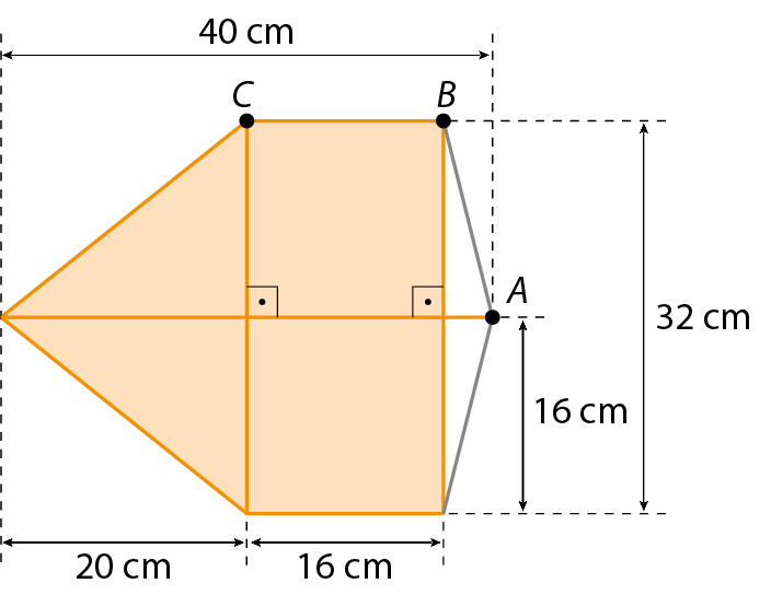 Figura geométrica. Estrutura de uma pipa formada por 3 varetas: uma de 40 centímetros na horizontal perpendicular a outras duas na vertical de 32 centímetros cada. A primeira vareta vertical, da esquerda para direita, está a 20 centímetros da ponta da vareta horizontal. A segunda vareta vertical está a 16 centímetros da outra vertical. Dessa forma, entre as varetas verticais e a horizontal são formados 2 quadrados com 16 centímetros de medida de comprimento de lado. Ao lado esquerdo de cada quadrado, entre a vareta horizontal e uma vertical são formados 2 triângulos retângulos com o cateto menor coincidindo com o lado do quadrado e o cateto maior de medida 20 centímetros. Os pontos B e C são vértices de um quadrado e estão na ponta de cima de cada vareta vertical. A é o ponto da extremidade direita da vareta horizontal. Fio preto de A para B e para o vértice do quadrado de baixo.