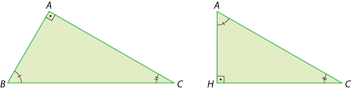 Figura geométrica. À esquerda, triângulo retângulo verde com vértices A, B e C. No vértice A o ângulo é reto, no vértice B o ângulo tem indicação de 1 tracinho e no vértice C o ângulo tem indicação de 2 tracinhos. À direita, triângulo retângulo verde com vértices A, C e H. No vértice H o ângulo é reto, no vértice A o ângulo tem indicação de 1 tracinho e no vértice C o ângulo tem indicação de 2 tracinhos.