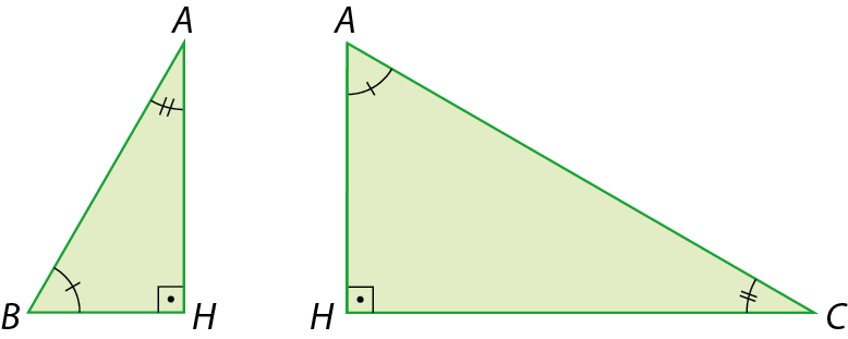 Figura geométrica. À esquerda, triângulo retângulo verde com vértices A, B e H. No vértice H o ângulo é reto, no vértice B o ângulo tem indicação de 1 tracinho e no vértice A o ângulo tem indicação de 2 tracinhos. À direita, triângulo retângulo verde com vértices A, C e H. No vértice H o ângulo é reto, no vértice A o ângulo tem indicação de 1 tracinho e no vértice C o ângulo tem indicação de 2 tracinhos.