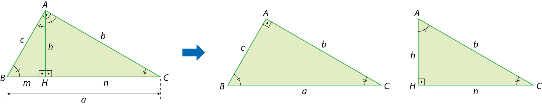 Esquema. Triângulo retângulo verde com vértices A, B e C. No vértice A o ângulo é reto, no vértice B o ângulo tem indicação de 1 tracinho e no vértice C o ângulo tem indicação de 2 tracinhos. O lado AB mede c, o lado AC mede b e o lado BC mede a.
Ponto H pertencente ao lado BC de forma que o segmento AH, de medida h, é perpendicular ao lado BC e divide o ângulo reto em duas partes. Com isso, formaram-se dois novos triângulos: Triângulo HBA e triângulo HAC. No triângulo HBA, no vértice H o ângulo é reto, no vértice B o ângulo tem indicação de 1 tracinho e no vértice A o ângulo tem indicação de 2 tracinhos. O lado AB mede c, o lado AH mede h e o lado BH mede m. No triângulo HAC, no vértice H o ângulo é reto, no vértice A o ângulo tem indicação de 1 tracinho e no vértice C o ângulo tem indicação de 2 tracinhos. O lado AC mede b, o lado AH mede h e o lado CH mede n. Seta azul para a direita indicando os triângulos ABC e HAC que devem ser considerados.