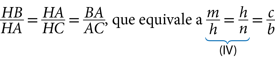 Fração HB sobre HA igual fração HA sobre HC igual fração BA sobre AC, que equivale a fração m sobre h igual fração h sobre n igual fração c sobre b. Abaixo de fração m sobre h igual fração h sobre n, chave indicando igualdade 4.