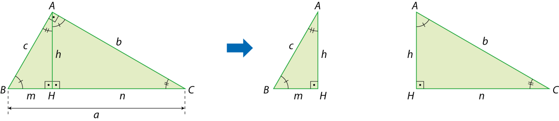 Esquema. Triângulo retângulo verde com vértices A, B e C. No vértice A o ângulo é reto, no vértice B o ângulo tem indicação de 1 tracinho e no vértice C o ângulo tem indicação de 2 tracinhos. O lado AB mede c, o lado AC mede b e o lado BC mede a.
Ponto H pertencente ao lado BC de forma que o segmento AH, de medida h, é perpendicular ao lado BC e divide o ângulo reto em duas partes. Com isso, formaram-se dois novos triângulos: Triângulo HBA e triângulo HAC. No triângulo HBA, no vértice H o ângulo é reto, no vértice B o ângulo tem indicação de 1 tracinho e no vértice A o ângulo tem indicação de 2 tracinhos. O lado AB mede c, o lado AH mede h e o lado BH mede m. No triângulo HAC, no vértice H o ângulo é reto, no vértice A o ângulo tem indicação de 1 tracinho e no vértice C o ângulo tem indicação de 2 tracinhos. O lado AC mede b, o lado AH mede h e o lado CH mede n. Seta azul para a direita indicando os triângulos HBA e HAC que devem ser considerados.