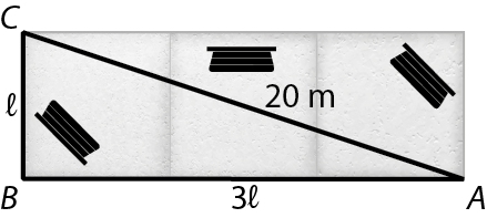 Ilustração. Chão cimentado retangular composto por 3 quadrados de medida l, cada um com a representação de um banco de praça. Está destacada a diagonal AC do retângulo com medida 20 metros. O lado BC do retângulo tem medida l e o lado AB tem medida 3 l. Os pontos ABC determinam um triângulo retângulo com ângulo reto em B.