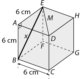 Figura geométrica. Cubo amarelo com aresta de medida 6 centímetros. A face frontal tem os vértices ABCD e a face de trás tem os vértices EFGH de modo que o segmento BE é diagonal da face lateral ABFE e tem medida x. Está destacado o triângulo retângulo BAE que é metade da face quadrada, os catetos AB e AE tem medida 6 centímetros e a hipotenusa BE mede x.