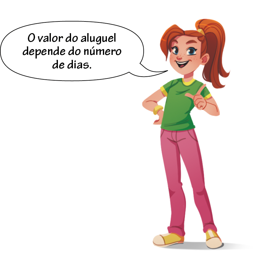 Ilustração. Menina branca, ruiva com cabelo preso, vestindo  camiseta verde com detalhes em amarelo, calça rosa e tênis amarelo. Está em pé, com a mão direita apoiada na cintura e a mão esquerda fechada e levantada, apenas com o polegar e o indicador estendido, com formato similar à letra L. Balão de fala com o texto: O valor do aluguel depende do número de dias.