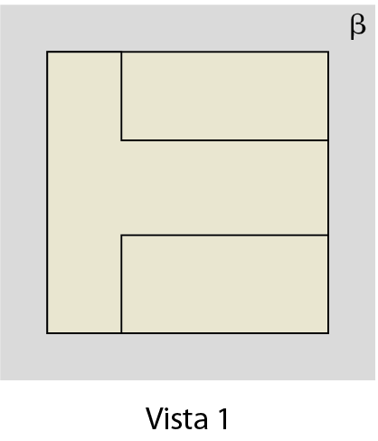 Figura geométrica. À esquerda, plano beta com vista 1: quadrado com o desenho dentro, que lembra o formato da letra T maiúscula rotacionada 90 graus para à esquerda.