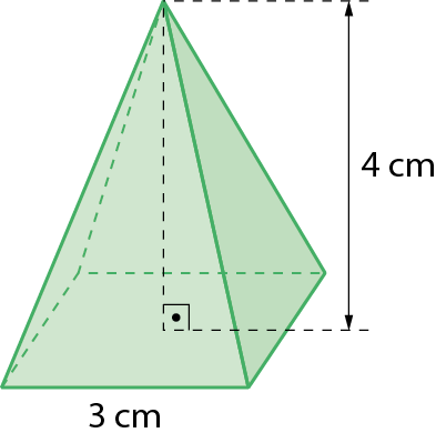 Figura geométrica. Sólido geométrico. Pirâmide de base quadrada verde com  medida de comprimento do lado da base igual a 3 centímetros e altura igual a 4 centímetros.