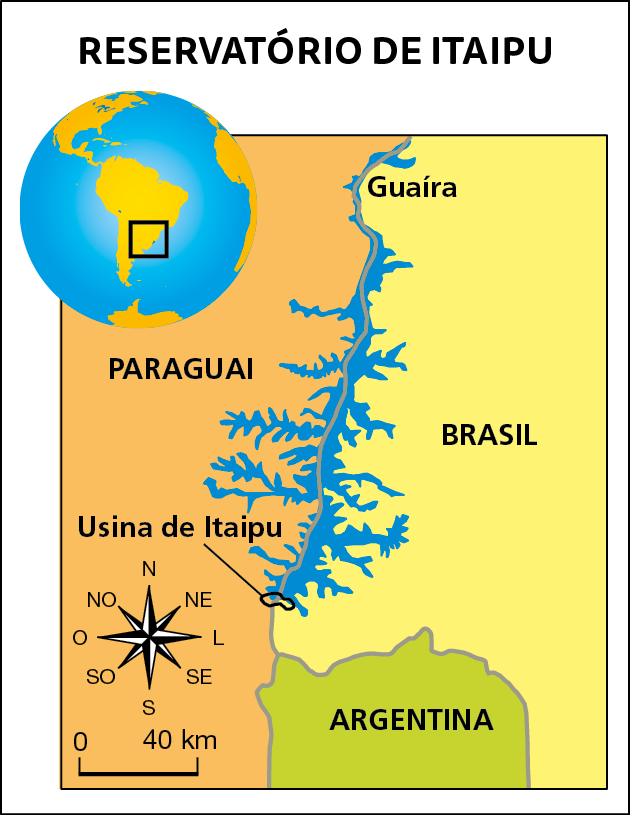 Ilustração. Mapa de título Reservatório de Itaipu, com destaque para parte sul do Brasil, em amarelo,  que está na fronteira com Paraguai, em alaranjado, e Argentina, em verde. No centro, em azul, rio Paraná. No final do rio, indicação da localização da Usina de Itaipu. Na parte superior esquerda, globo terrestre com um quadrado na região onde está localizado o reservatório de Itaipu.