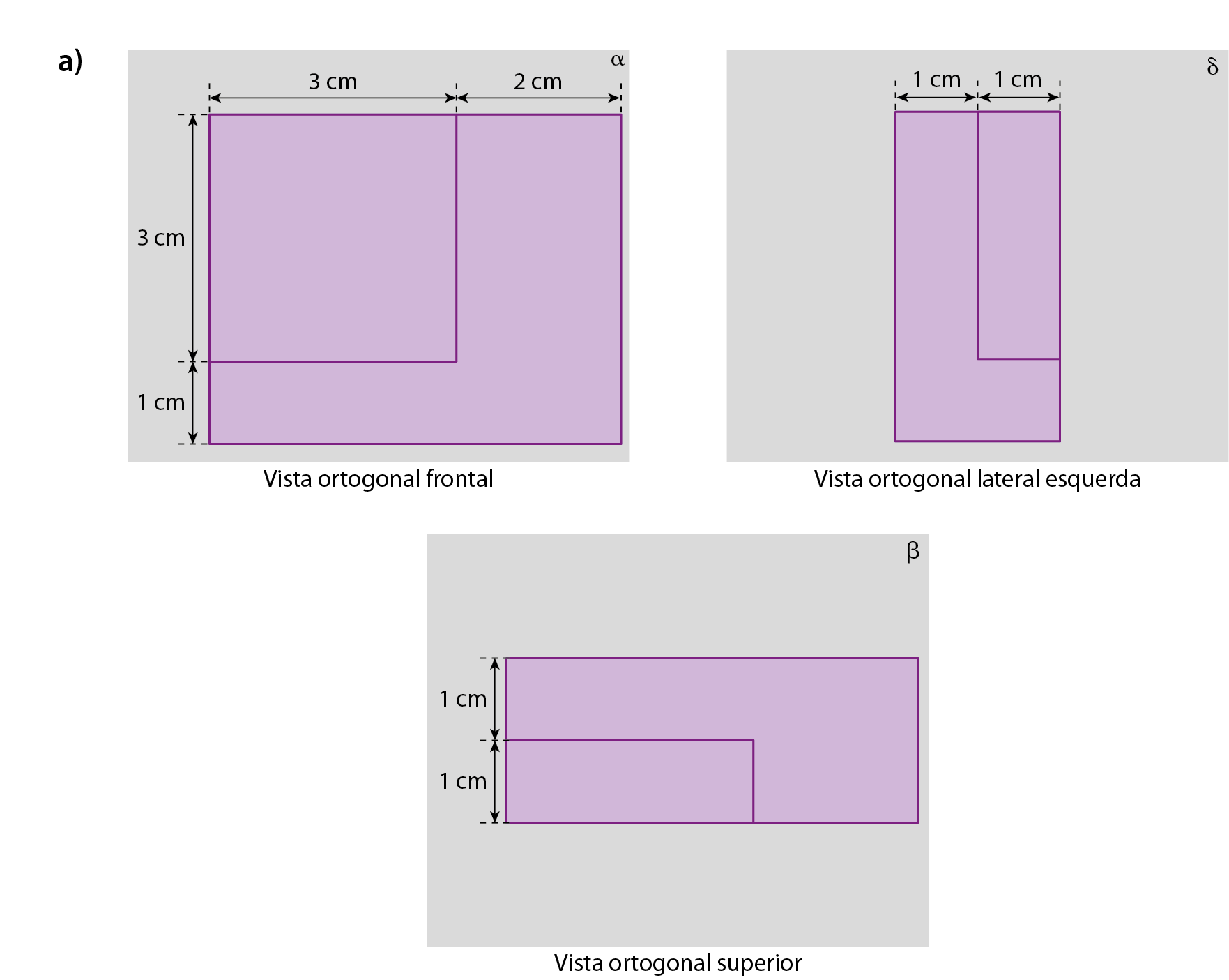 Figura geométrica. Plano cinza nomeado com a letra grega alfa, com o desenho de um retângulo e sobre ele, no canto superior esquerdo, um quadrado. Indicação de medida: no comprimento do quadrado, 3 centímetros e a partir desta medida, até a extremidade do comprimento do retângulo mais 2 centímetros; na largura do quadrado, 3 centímetros, a partir desta medida até a extremidade da largura do retângulo mais 1 centímetro. Abaixo, texto indicando Vista ortogonal frontal. Figura geométrica. Plano cinza nomeado com a letra grega delta, com o desenho de um retângulo roxo e sobre ele uma figura que lembra a letra L coincidindo com a largura, à esquerda, e o comprimento inferior do retângulo. Indicação de medida no comprimento da parte superior do retângulo, com 1 centímetro da extremidade esquerda do retângulo coincidindo com a largura da figura que lembra a letra L, e a partir desta medida mais 1 centímetro até a extremidade direita do retângulo. Abaixo, texto indicando Vista ortogonal lateral esquerda. Figura geométrica. Plano cinza nomeado com a letra grega beta, com o desenho de um retângulo roxo e sobre ele outro retângulo, menor, no canto inferior esquerdo. Indicação de medida na largura de 1 centímetro, da extremidade inferior até a a largura do retângulo menor e a partir desta medida até a extremidade superior mais 1 centímetro. Abaixo, texto indicando Vista ortogonal superior.