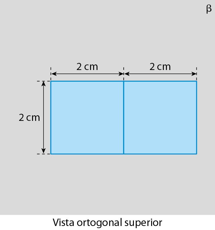 Figura geométrica. Plano cinza nomeado com a letra grega beta, com o desenho de dois quadrados azuis, um ao lado do outro, com indicação de medida do comprimento, de cada de um deles, de 2 centímetros e da largura 2 centímetros. Abaixo, texto indicando Vista ortogonal superior.