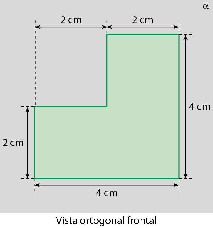 Figura geométrica. Plano cinza nomeado com a letra grega alfa, com o desenho de uma figura que lembra a letra L virada ao contrário, com medida de comprimento inferior de 4 centímetros, comprimento da largura, à direita, 4 centímetros, comprimento superior 2 centímetros e comprimento da largura, à esquerda 2 centímetros, linha tracejada no vértice do comprimento da esquerda até completar o comprimento da direita com indicação de 2 centímetros. Abaixo, texto indicando Vista ortogonal frontal.