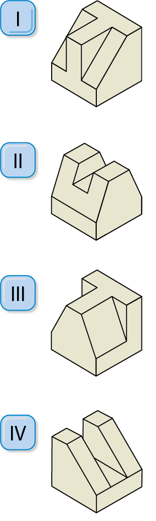 Esquema. Sólido geométrico 1. Composto pela junção de um prisma com base no formato de trapézio retângulo na lateral esquerda, no centro um paralelepípedo com a mesma medida da altura do sólido, na lateral direita, um prisma com base com formato de trapézio retângulo idêntico ao prisma da lateral esquerda. Esquema. Sólido geométrico 2. Composto pela junção de um paralelepípedo na base e uma peça sobre o paralelepípedo que tem as laterais como se fossem uma letra U maiúscula inclinadas para dentro. Esquema. Sólido geométrico 3. Composto pela junção de um paralelepípedo na base, um paralelepípedo na parte lateral direita e apoiado nesse paralelepípedo uma prisma de base com formato de trapézio isósceles. Esquema. Sólido geométrico 4. Composto pela junção de um prisma com base no formato de trapézio retângulo na lateral esquerda, no centro um paralelepípedo com um terço da altura do sólido, na lateral direita, um prisma com base com formato de trapézio retângulo idêntico ao prisma da lateral esquerda.