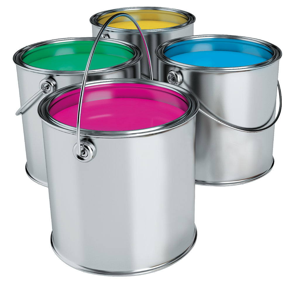 Fotografia. Quatro latas cinza com alça e com tinta nas cores: rosa, verde, amarelo e azul.