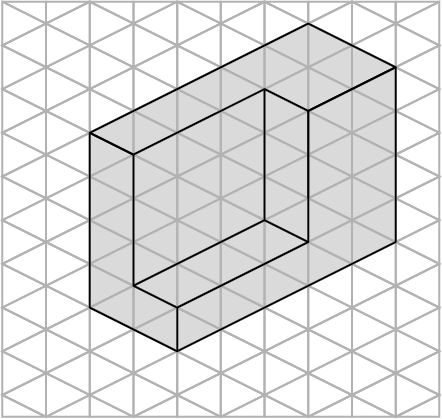 Figura geométrica. Malha triangular com sólido geométrico cinza que lembra um bloco retangular com um corte que lembra um bloco retangular com face quadrada.