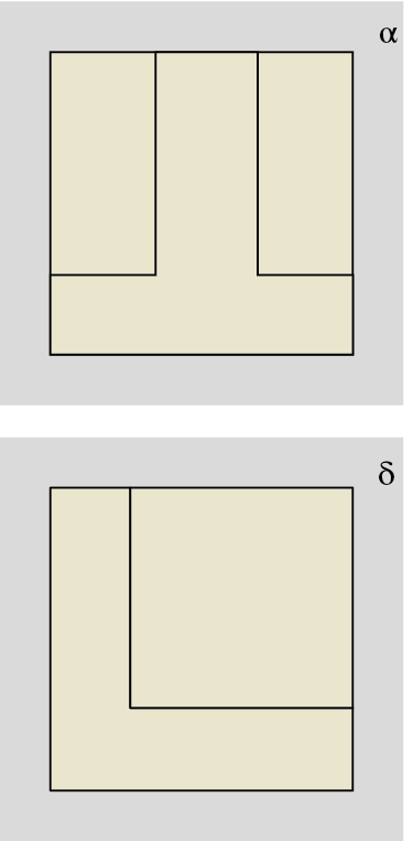 Figura geométrica. Acima, plano alfa com vista frontal: quadrado com o desenho dentro, que lembra o formato da letra T maiúscula invertida. Abaixo, plano delta com visão lateral: quadrado com o desenho dentro, que lembra o formato de uma letra L maiúscula, à esquerda do quadrado.