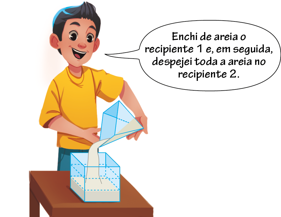 Ilustração. Felipe, mesmo menino da ilustração anterior. Segura, com as duas mãos, um prisma com areia, que está derramando em um recipiente em formato de cubo em cima de uma mesa. Balão de fala com o texto: Enchi de areia o recipiente 1 e, em seguida, despejei toda a areia no recipiente 2, que está com 1 terço da capacidade.