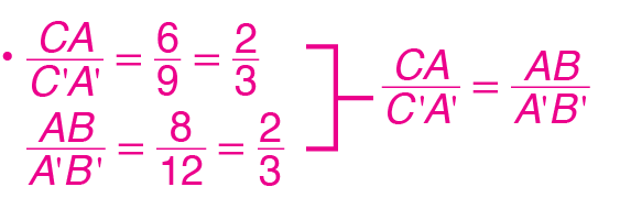 Esquema. Fração CA sobre C linha A linha igual fração 6 sobre 9 igual a fração 2 sobre 3. Fração AB sobre A linha B linha igual a fração 8 sobre 12 igual a fração 2 sobre 3.  Cota à direita do segundo tópico com fração CA sobre C linha A linha igual a fração AB sobre A linha B linha.