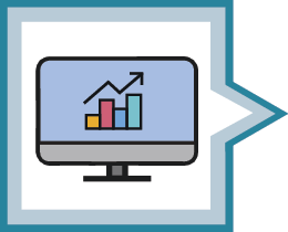 Ilustração. Monitor de computador com um gráfico de barras verticais e gráfico de linhas. Representa a seção Informática e Matemática.