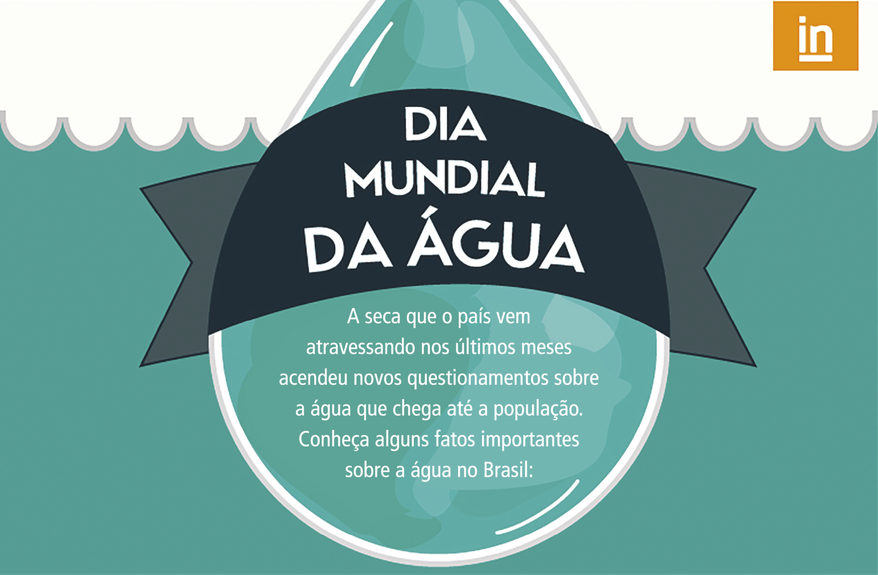 Infográfico. Apresenta-se sobre um fundo azul-esverdeado, representando a água. Sobre ele, uma gota de água da mesma cor do fundo. Uma faixa preta com o texto: DIA MUNDIAL DA ÁGUA cobre uma parte da gota. Na parte inferior da gota, o texto: A seca que o país vem atravessando nos últimos meses acendeu novos questionamentos sobre a água que chega até a população. Conheça alguns fatos importantes sobre a água no Brasil: