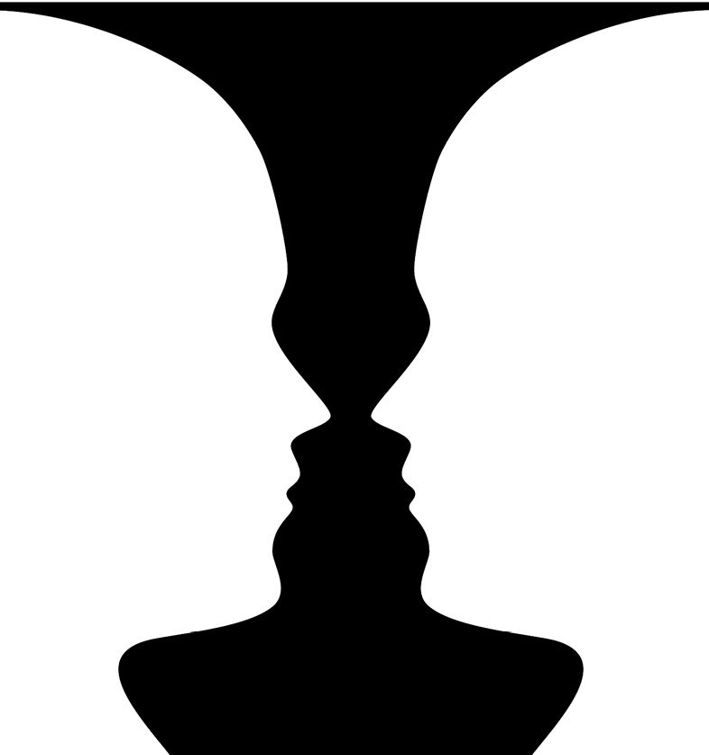Ilustração. Ilusão de ótica. Focando no centro da imagem, na parte preta, silhueta de um candelabro. Focando nas laterais brancas, destaca-se a silhueta do rosto de duas pessoas se olhando, de perfil.