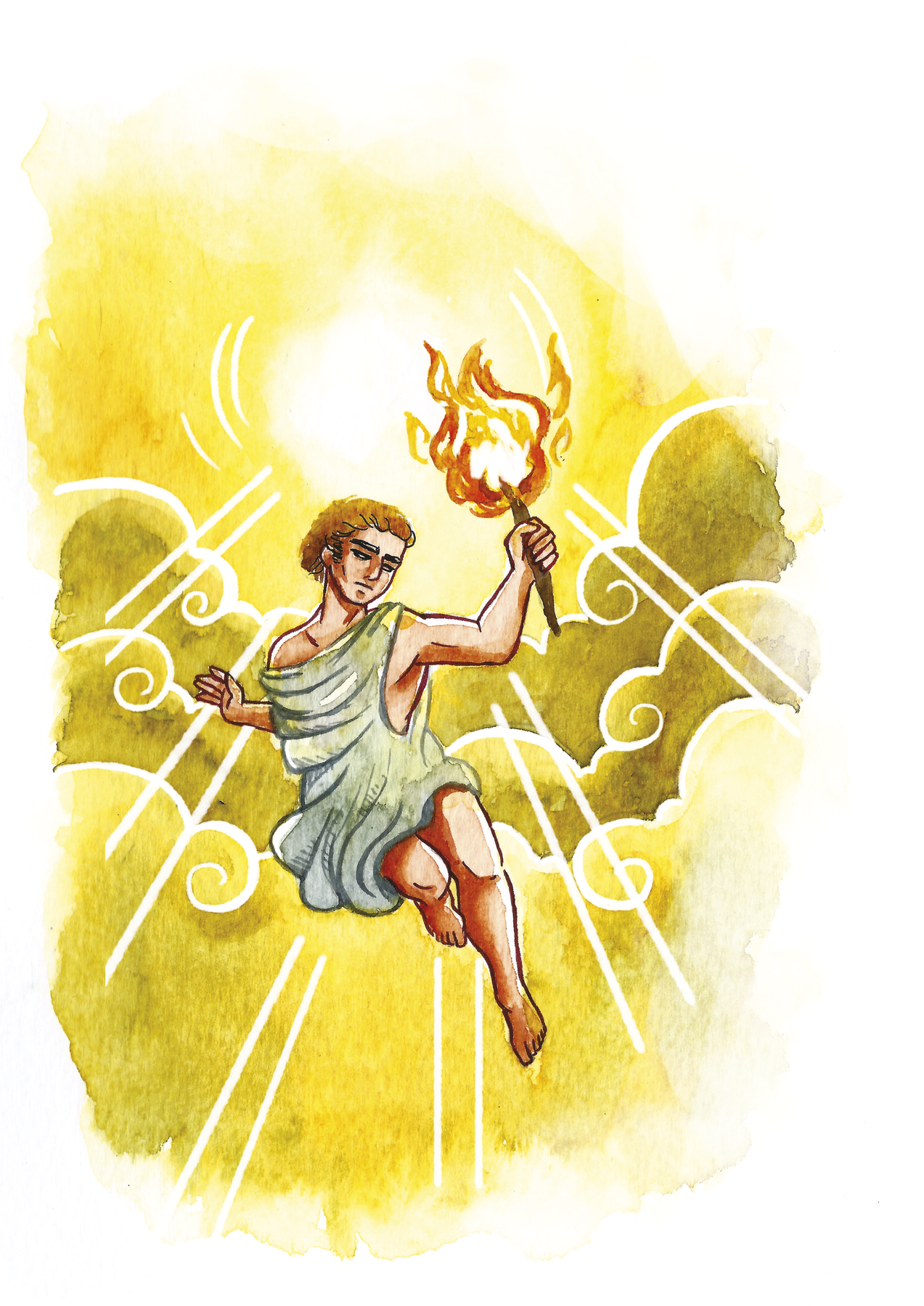 Ilustração. A imagem destaca o personagem Prometeu, representado por um homem com cabelos ruivos e usando um tecido ao redor do corpo. Ele está flutuando entre as nuvens, segurando, com a mão esquerda, uma tocha acesa. Atrás dele, o sol ilumina tudo.