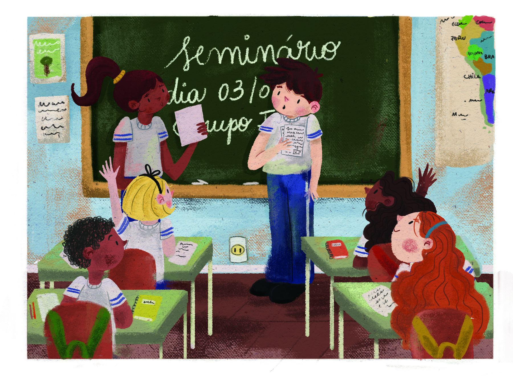 Ilustração. Crianças uniformizadas em uma sala de aula. Uma menina e um menino estão segurando uma folha de papel. Eles estão de pé. Atrás deles, uma lousa com o texto: Seminário. Na frente, outras crianças  estão sentadas em carteiras enfileiradas, olhando para o menino e para a menina.