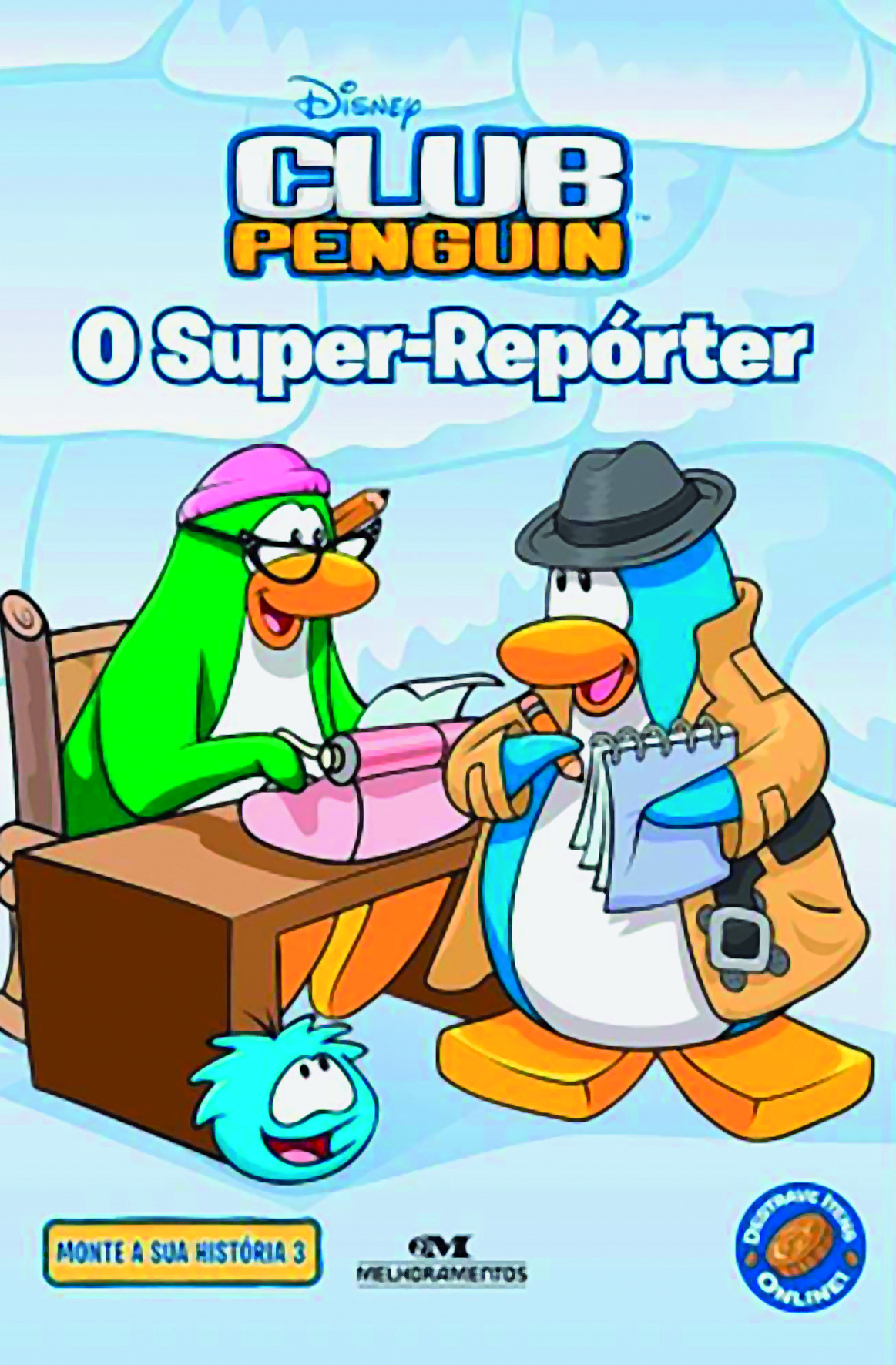 Capa de livro. Ocupa toda a capa a ilustração de dois pinguins, frente a frente, olhando um para o outro. À esquerda há um pinguim verde, usando óculos e um gorro rosa; ele está sentado diante de uma mesa, digitando em uma máquina de escrever rosa. À direita há um pinguim azul, usando chapéu e sobretudo amarelo; ele segura um lápis e um bloco de anotações. Atrás deles há uma parede de gelo. Na parte superior da capa, há o título do livro: O Super-Repórter.