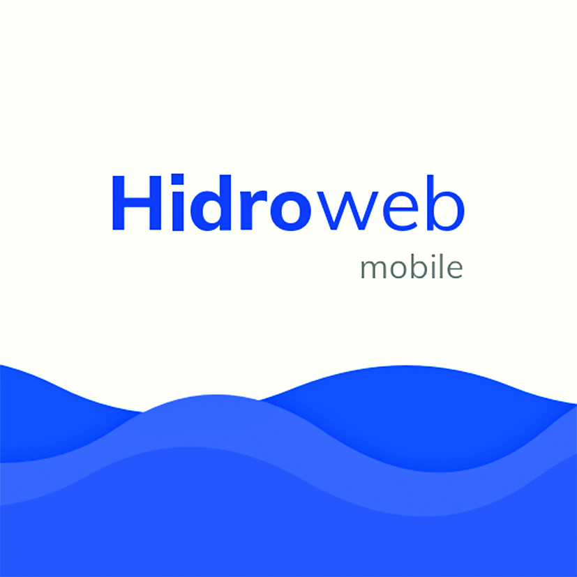 Logotipo. Na parte superior, o texto Hidroweb mobile. Abaixo, ilustração de ondas do mar.