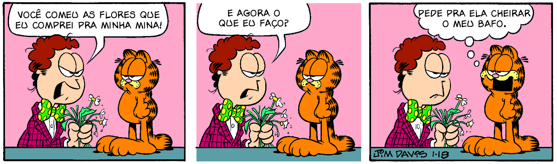 Tirinha. Em três cenas. Personagens: Jon, um homem com cabelos castanhos e ondulados e olhos grandes. Ele usa um terno vermelho e uma gravata borboleta verde e amarela. Garfield, um gato robusto laranja com listras pretas e olhos grandes. Eles estão frente a frente. Cena 1. À esquerda, Jon está segurando um buquê de flores mordidas, sem pétalas. Ele olha para Garfield com os olhos semifechados e diz: VOCÊ COMEU AS FLORES QUE EU COMPREI PARA MINHA MINA! Garfield olha para ele sem expressão. Cena 2. Ainda olhando para Garfield, Jon diz: E AGORA O QUE EU FAÇO? Cena 3. Garfield, com a boca aberta, pensa: PEDE PRA ELA CHEIRAR O MEU BAFO. Jon olha para Garfield com a boca voltada para baixo, desapontado.