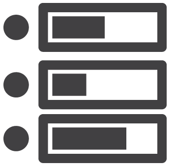 Ilustração. Três barras  parcialmente preenchidas, em diferentes níveis. Na frente de cada uma delas, um círculo pequeno preenchido.