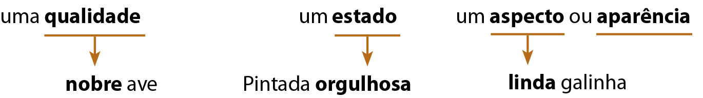 Esquema. Três blocos. Bloco 1: UMA QUALIDADE. De QUALIDADE sai uma seta para NOBRE AVE. A palavra NOBRE está destacada. Bloco 2: UM ESTADO. De ESTADO sai uma seta para PINTADA ORGULHOSA. A palavra ORGULHOSA está destacada. Bloco 3: UM ASPECTO OU APARÊNCIA. De ASPECTO sai uma seta para LINDA GALINHA. A palavra LINDA está destacada.