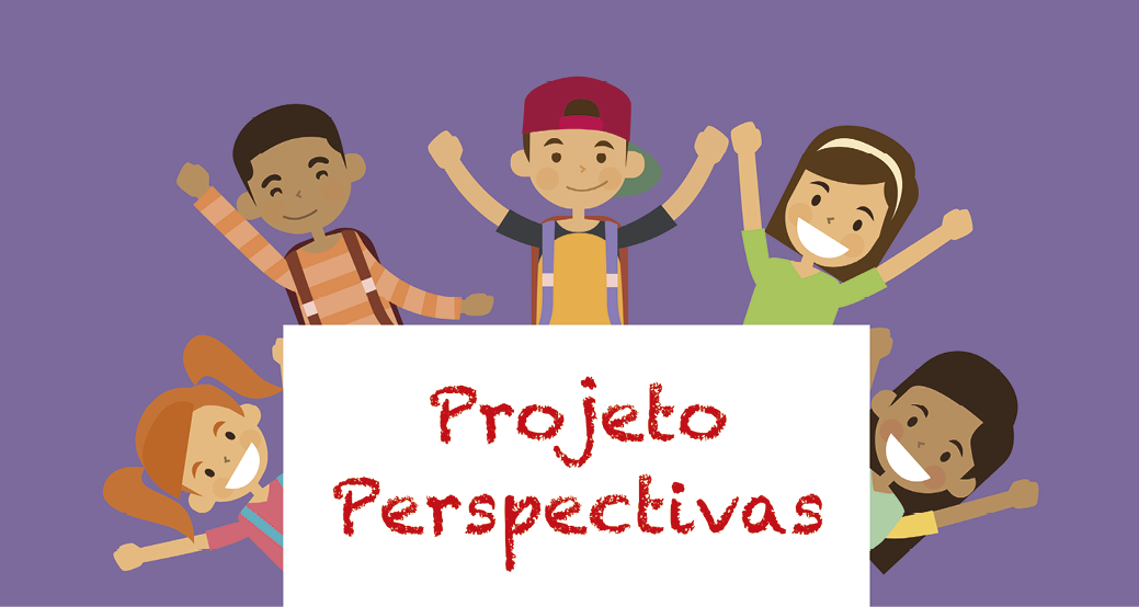 Ilustração. Sobre um fundo lilás, há um grupo de crianças sorrindo, com os braços levantados, ao redor de uma placa branca com o seguinte texto: Projeto Perspectivas.
