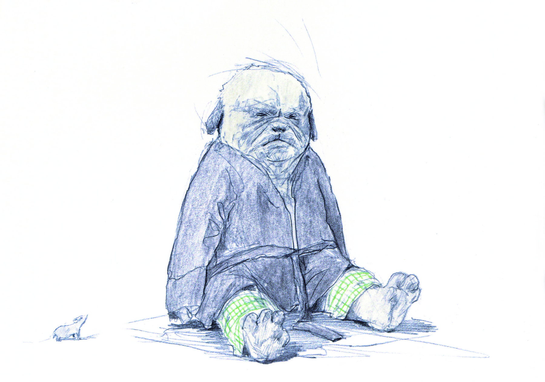 Ilustração. Representação do personagem Sr. Pug, um cachorro pequeno com orelhas caídas. Ele está usando quimono e calça xadrez, sentado com as pernas esticadas para frente e a boca voltada para baixo. À esquerda, um pequeno rato está olhando para o Sr. Pug.