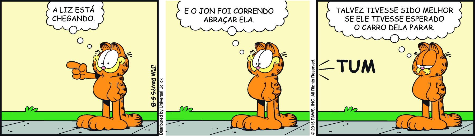 Tirinha. Em três cenas. Personagem: Garfield, um gato alaranjado com listras pretas. Ele está em pé sobre uma calçada de cimento, diante de um terreno gramado, voltado para a esquerda. Cena 1. Garfield está com o braço direito estendido para a frente e apontando com um dedo para a esquerda. Os olhos estão bem abertos e a boca voltada para cima. Ele pensa: A LIZ ESTÁ CHEGANDO. Cena 2. Com os dois braços voltados para baixo, próximos ao corpo, ele diz: E JON FOI CORRENDO ABRAÇAR ELA. Cena 3. Garfield está com os olhos quase totalmente fechados, a boca voltada para baixo, em uma expressão decepcionada. Ele pensa: TALVEZ TIVESSE SIDO MELHOR SE ELE TIVESSE ESPERADO O CARRO DELA PARAR. À sua frente, o som de TUM.