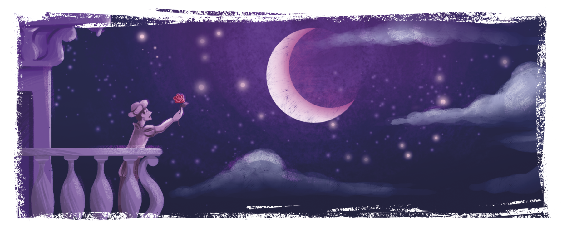 Ilustração. À esquerda, homem em uma varanda. Ele usa chapéu e está com o braço direito estendido para cima, com uma rosa vermelha na mão. À direita, uma grande lua crescente cercada de estrelas e com algumas nuvens parcialmente iluminadas pelo luar.