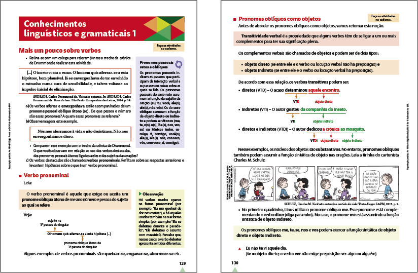 Imagem. Reprodução em miniatura de duas páginas do Livro do Estudante com destaque para a seção Conhecimentos linguísticos e gramaticais.