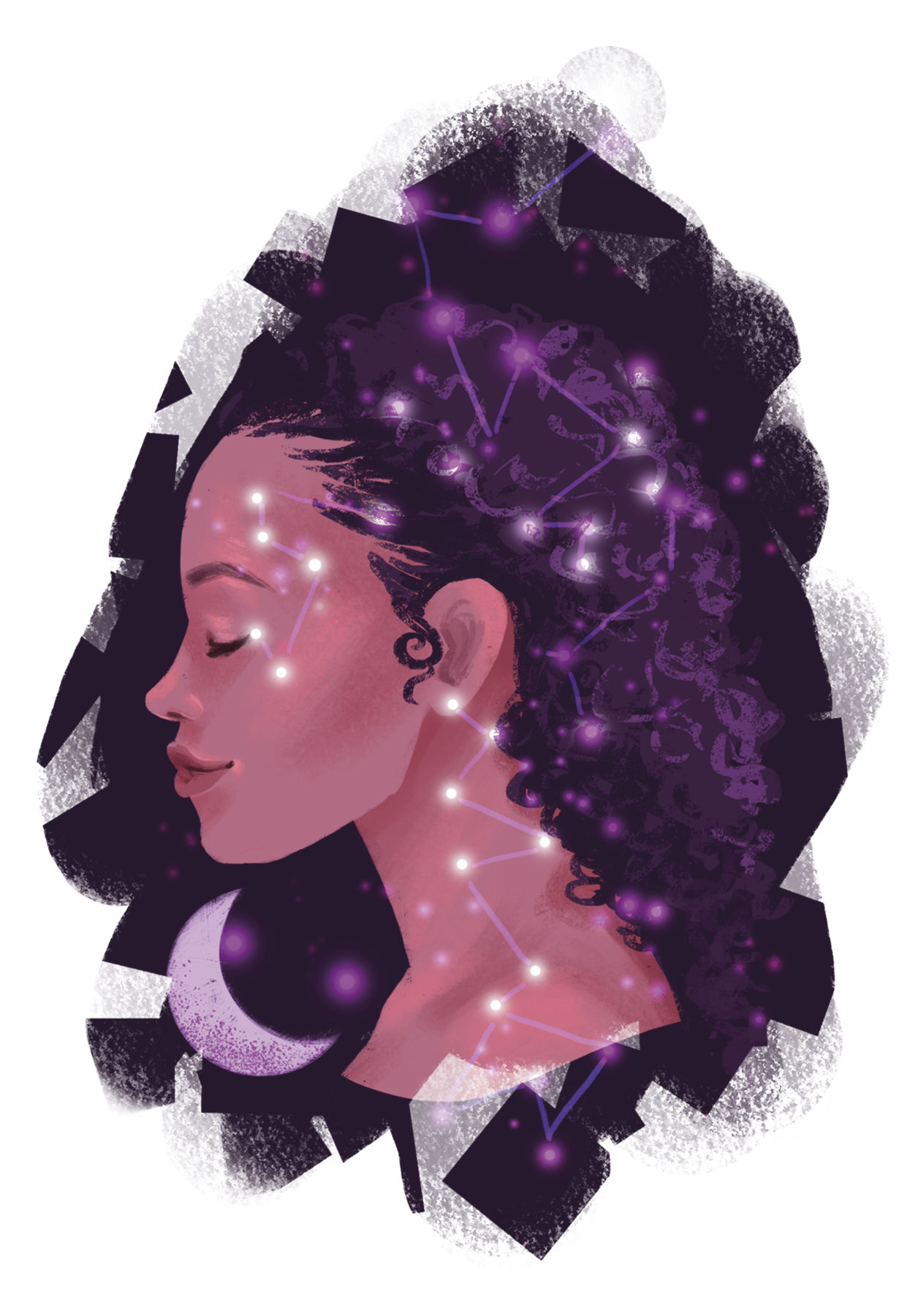 Ilustração. Retato de uma mulher de cabelos pretos cacheados. Ela está de perfil, de olhos fechados e expressão serena. Sobrepostos a sua figura há pontos e traços iluminados que simbolizam estrelas. Eles se conectam formando constelações. Próxima ao rosto dela, uma lua crescente.